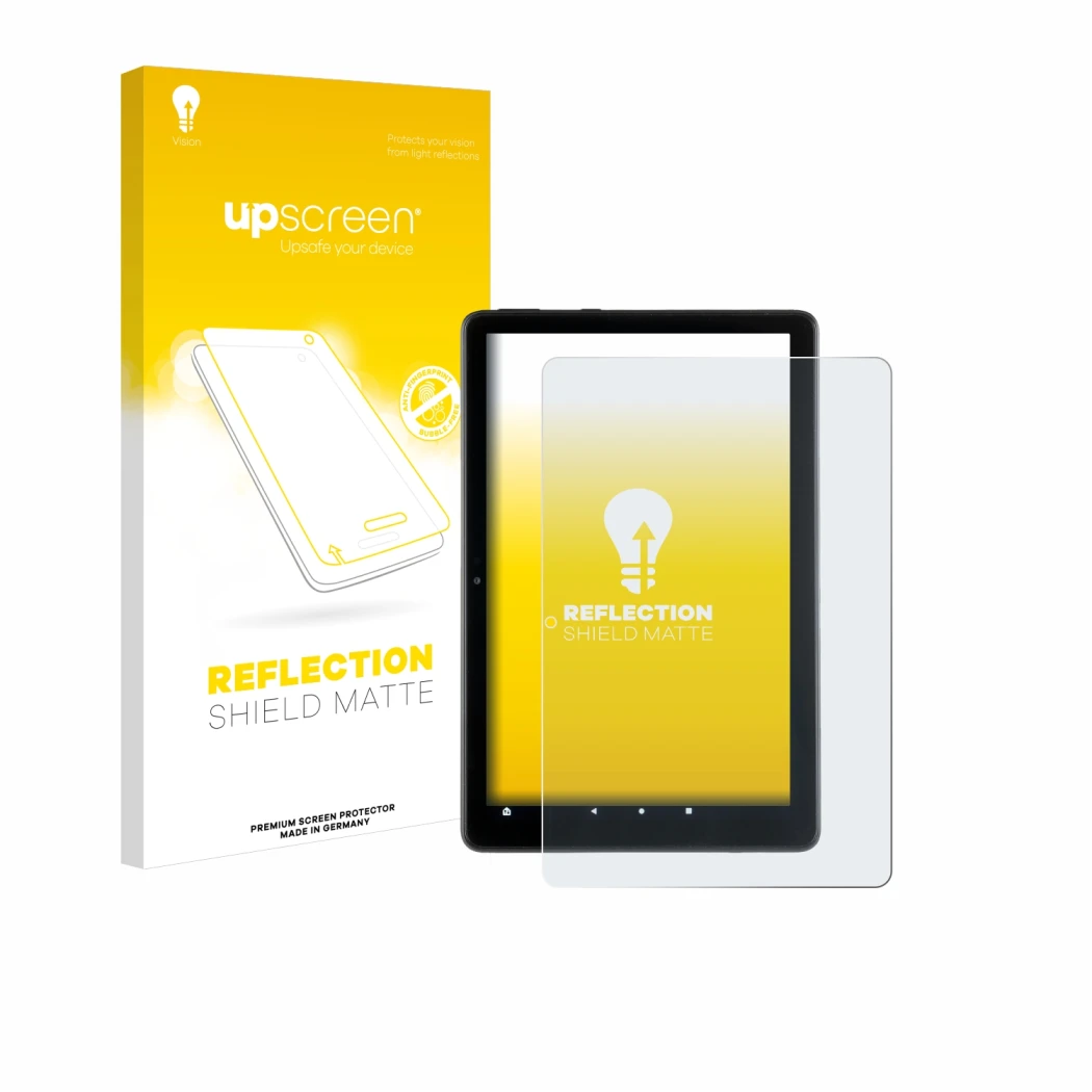 Front side of a product packaging with the brand logo upscreen. Next to it is the device Amazon Fire HD 10 2021 (11th Gen.) sh