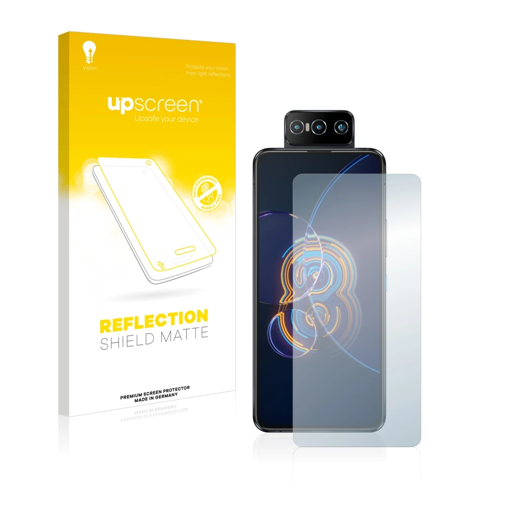 Front side of a product packaging with the brand logo upscreen. Next to it is the device ASUS ZenFone 8 Flip shown with the co