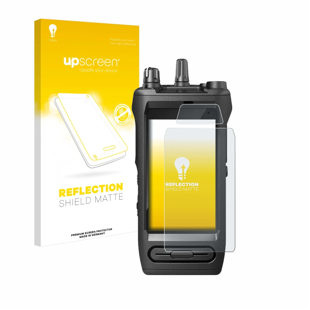 Front side of a product packaging with the brand logo upscreen. Next to it is the device Motorola Mototrbo Ion shown with the 