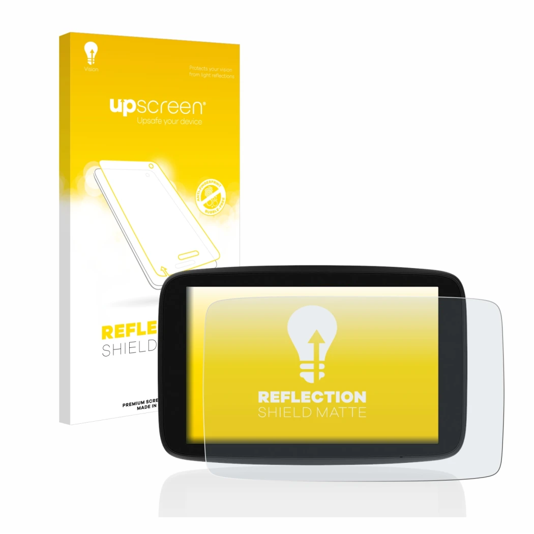Front side of a product packaging with the brand logo upscreen. Next to it is the device TomTom Go Expert 7