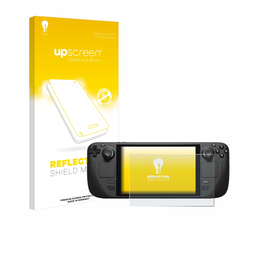 Front side of a product packaging with the brand logo upscreen. Next to it is the device Valve Steam Deck shown with the corre