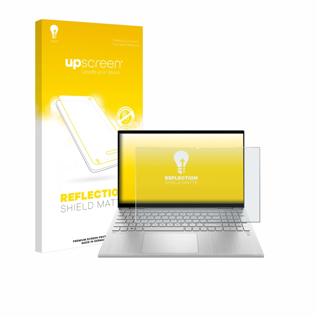Front side of a product packaging with the brand logo upscreen. Next to it is the device HP Pavilion x360 Convertible 15-erX s