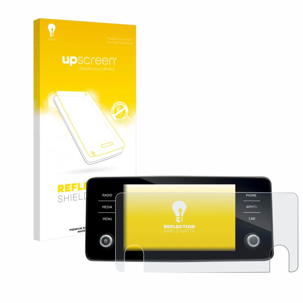 Front side of a product packaging with the brand logo upscreen. Next to it is the device Skoda Bolero 2020 Infotainment System