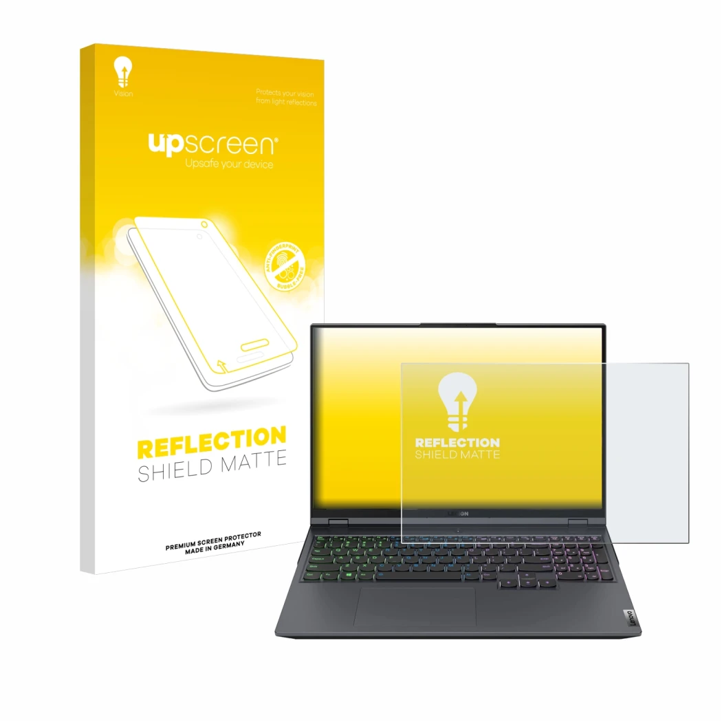 Front side of a product packaging with the brand logo upscreen. Next to it is the device Lenovo Legion 5 Pro shown with the co
