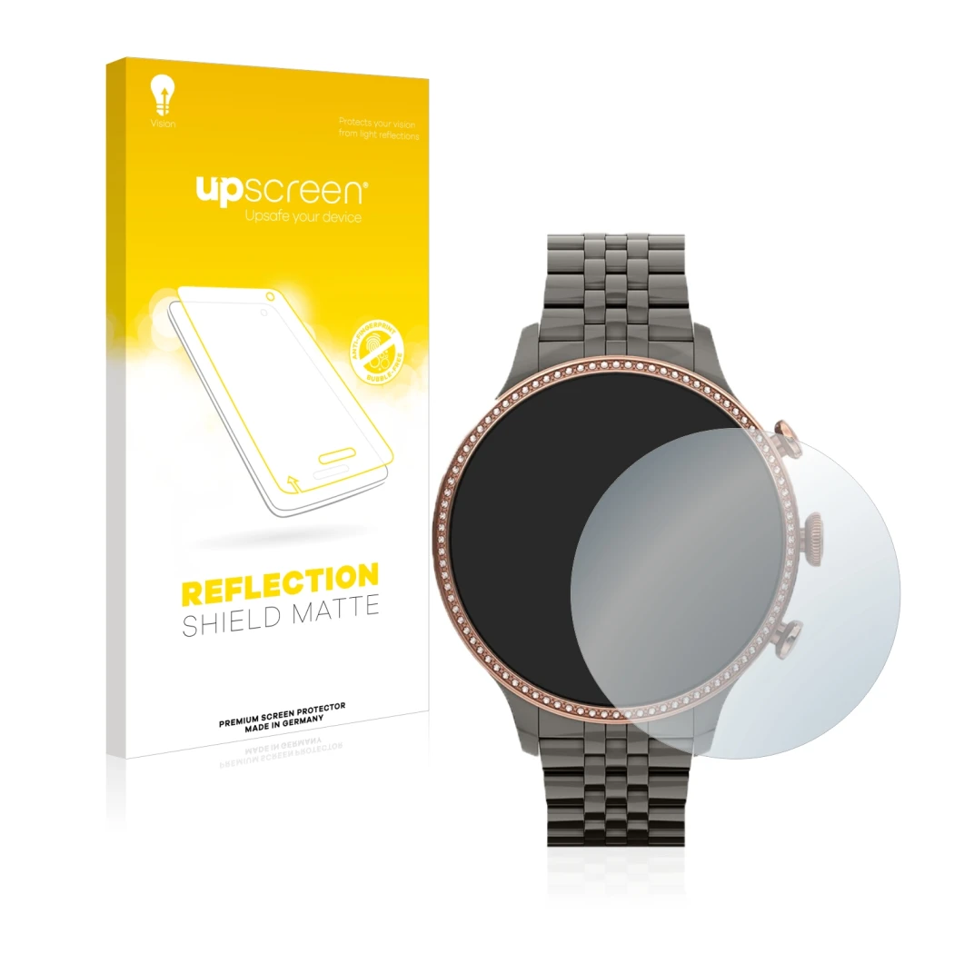 Front side of a product packaging with the brand logo upscreen. Next to it is the device Fossil Gen 6 (42mm) shown with the co