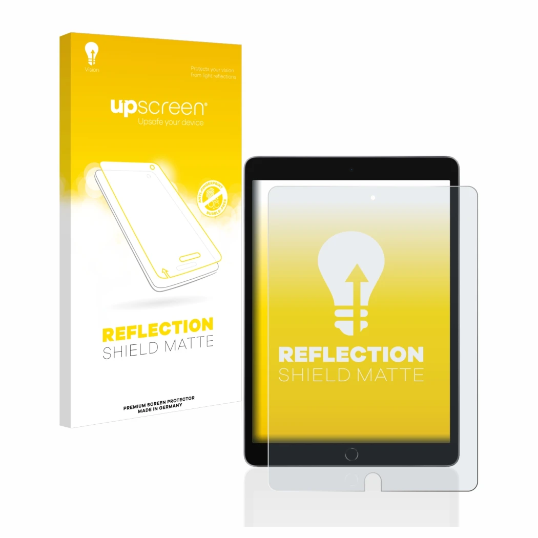 Front side of a product packaging with the brand logo upscreen. Next to it is the device Apple iPad 10.2