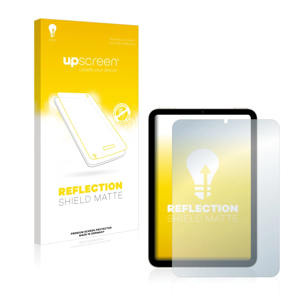 Front side of a product packaging with the brand logo upscreen. Next to it is the device Apple iPad Mini 6 2021 shown with the