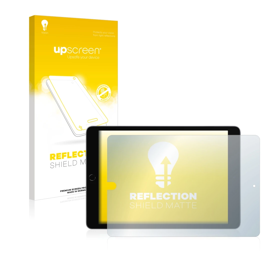Front side of a product packaging with the brand logo upscreen. Next to it is the device Apple iPad 10.2