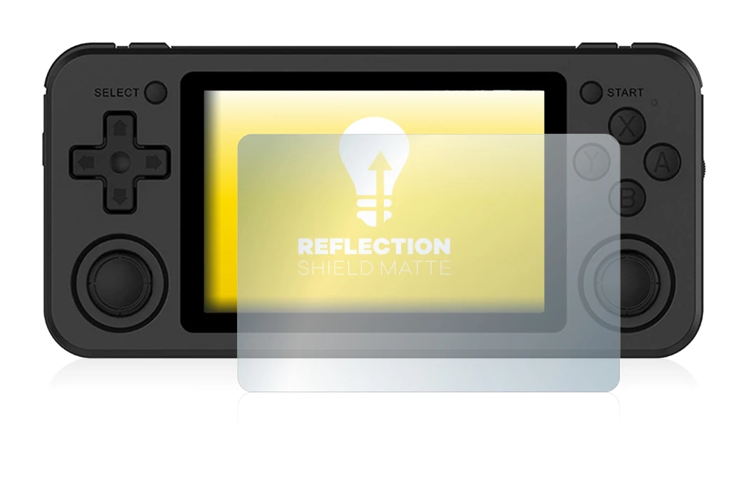Image of the device Anbernic RG351P with a wide variety of screen protectors.