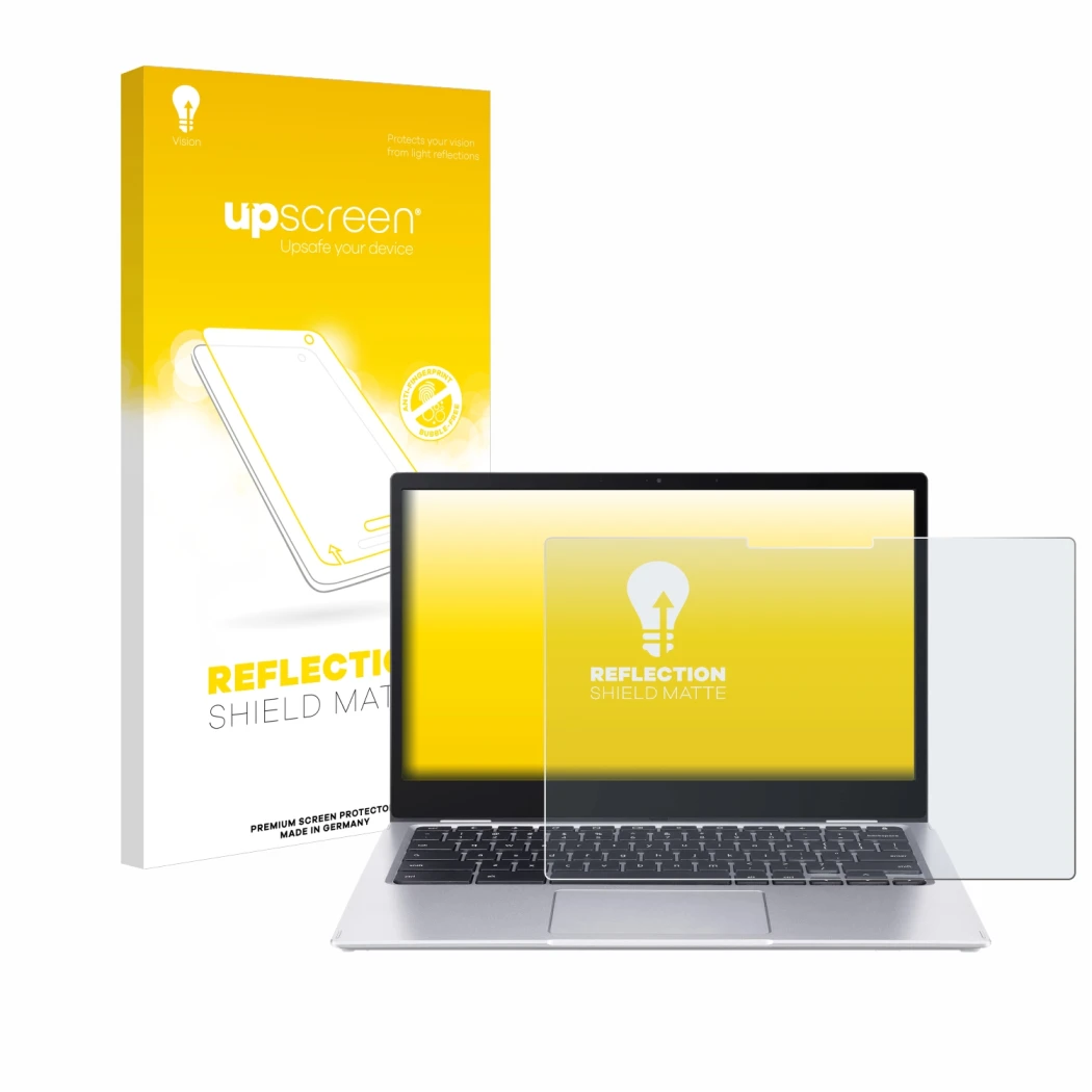 Front side of a product packaging with the brand logo upscreen. Next to it is the device Acer Chromebook Spin 513 CP513-1H-S72