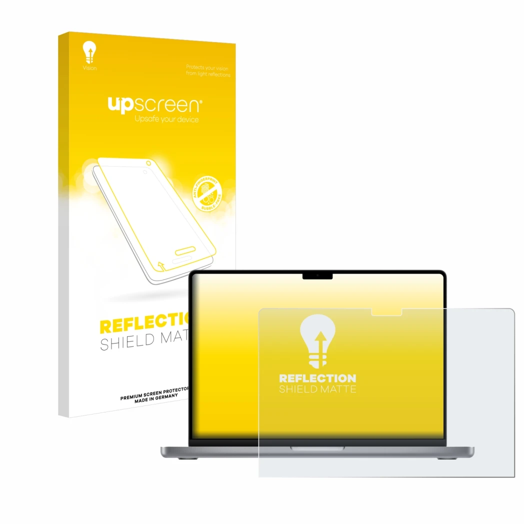 Front side of a product packaging with the brand logo upscreen. Next to it is the device Apple MacBook Pro 14