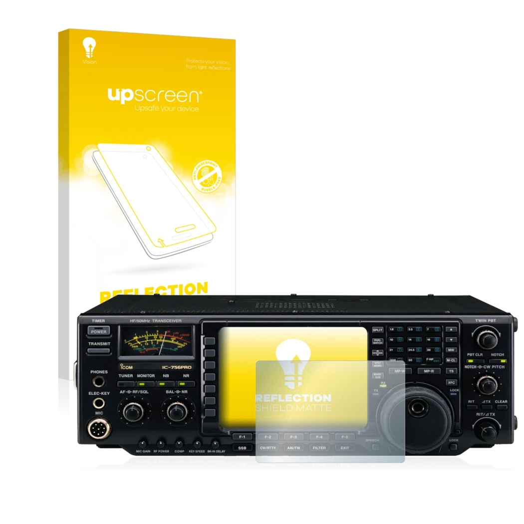 Front side of a product packaging with the brand logo upscreen. Next to it is the device Icom IC-756 Pro III shown with the co