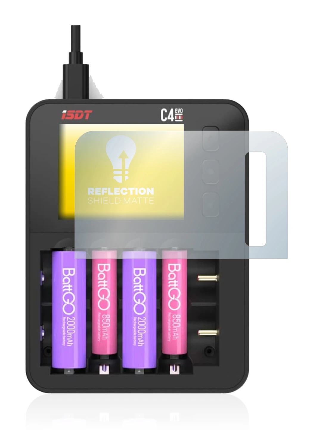 Image of the device ISDT C4 Evo with a wide variety of screen protectors.