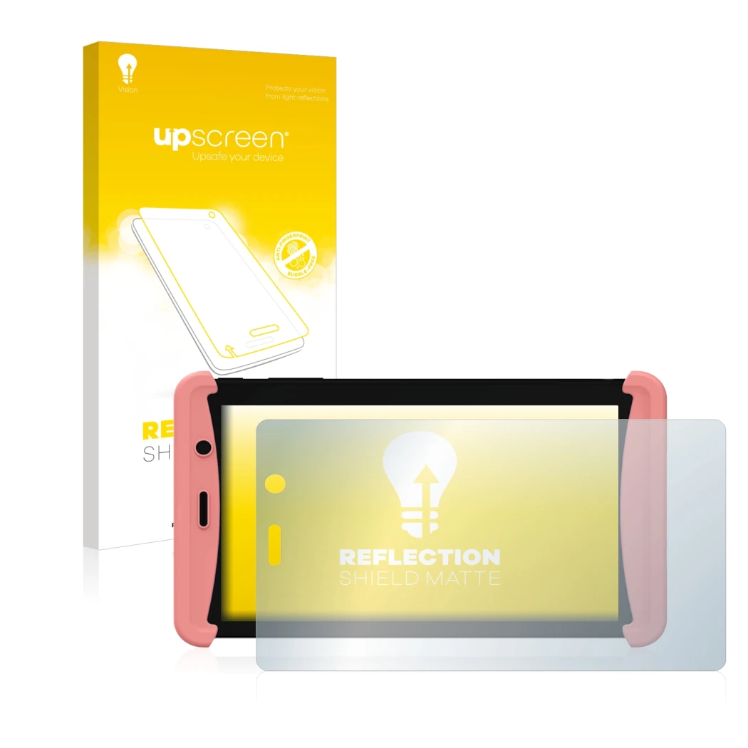 Front side of a product packaging with the brand logo upscreen. Next to it is the device Kurio Tab Lite 2 shown with the corre