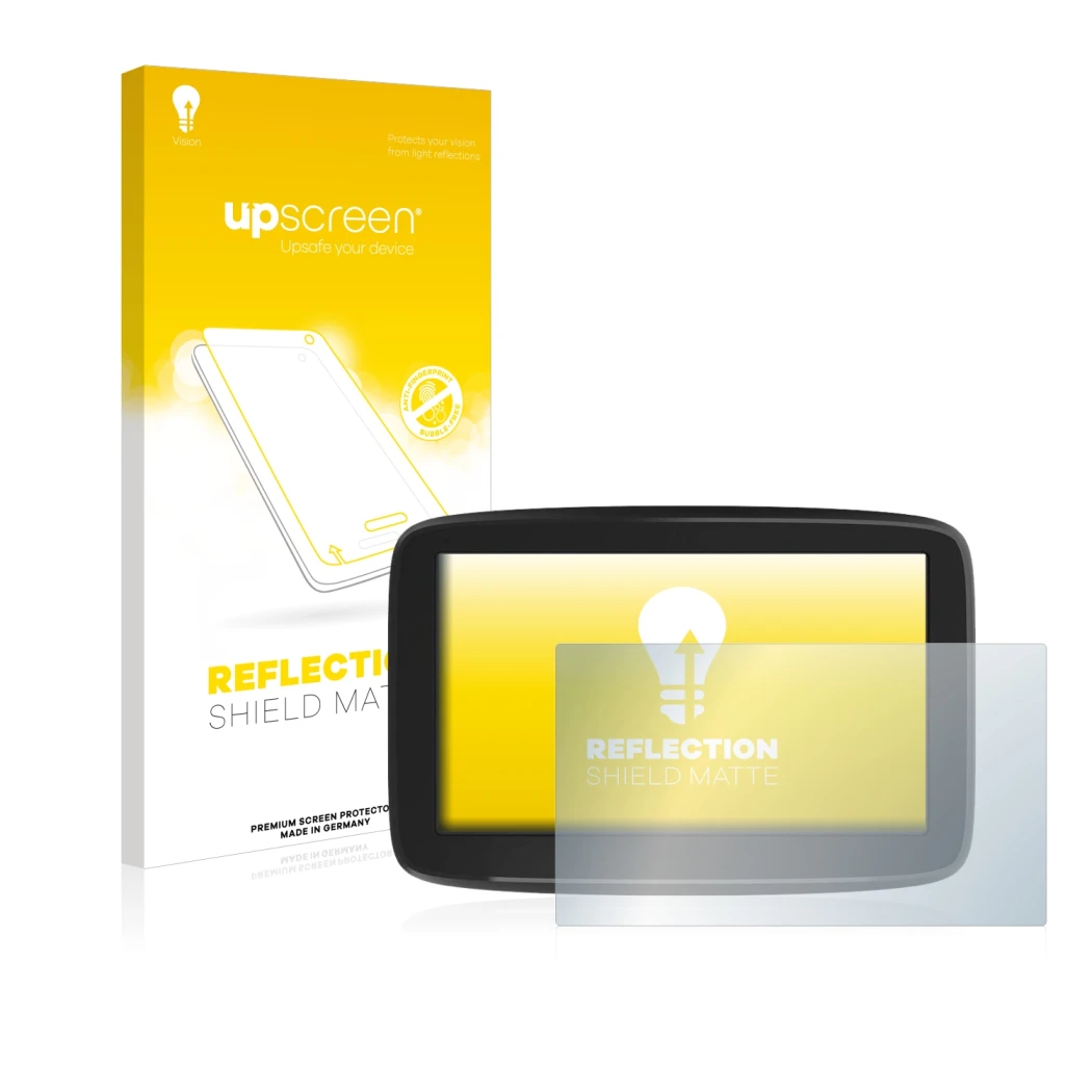 Front side of a product packaging with the brand logo upscreen. Next to it is the device TomTom GO Classic 5