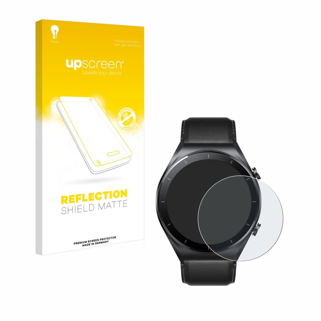 Front side of a product packaging with the brand logo upscreen. Next to it is the device Xiaomi Watch S1 shown with the corres