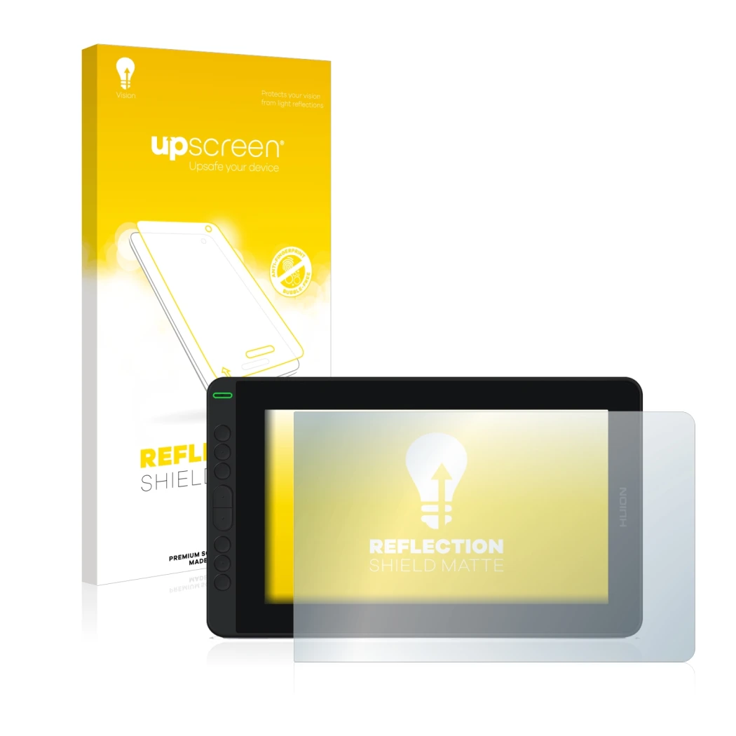 Front side of a product packaging with the brand logo upscreen. Next to it is the device Huion Kamvas 12 shown with the corres