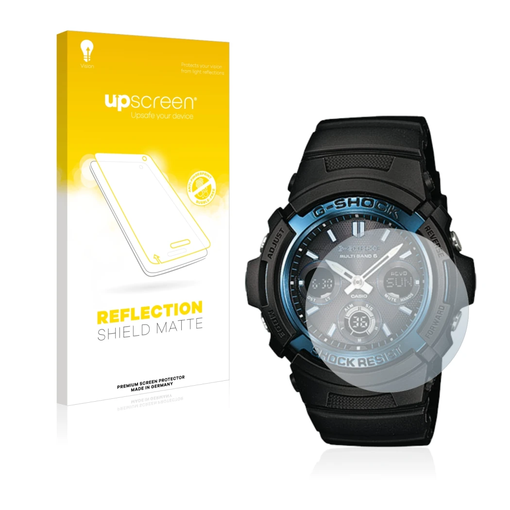 Front side of a product packaging with the brand logo upscreen. Next to it is the device Casio AWG M100 shown with the corresp