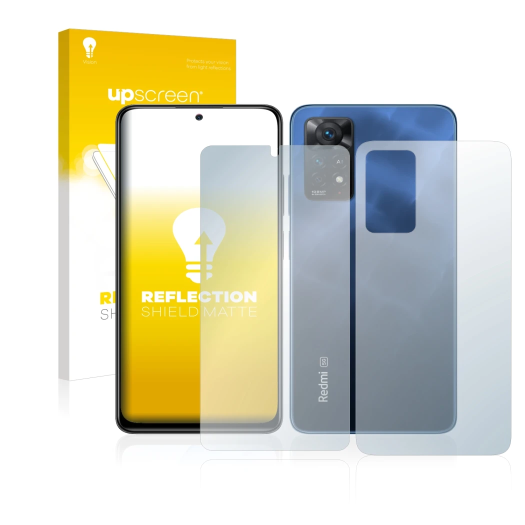 Front side of a product packaging with the brand logo upscreen. Next to it is the device Xiaomi Redmi Note 11 Pro 5G (Front+Ba