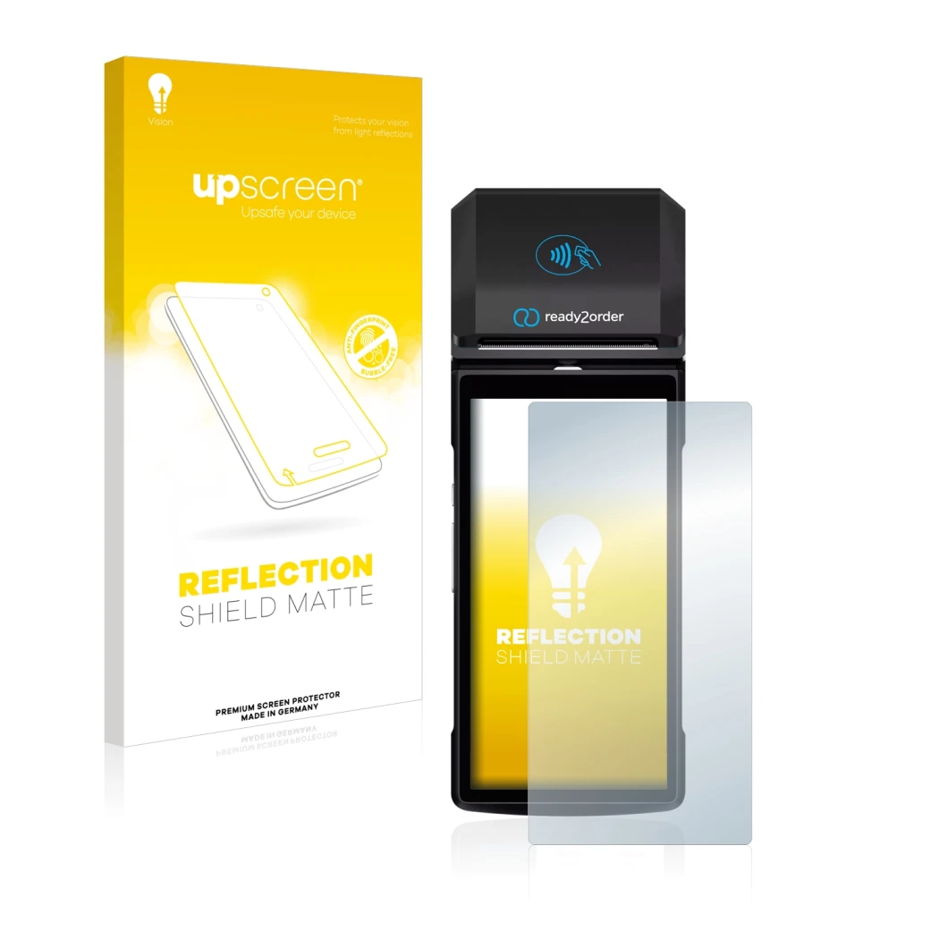 Front side of a product packaging with the brand logo upscreen. Next to it is the device Ready2order ReadyGo shown with the co