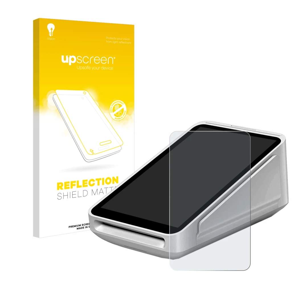 Front side of a product packaging with the brand logo upscreen. Next to it is the device Square Terminal shown with the corres