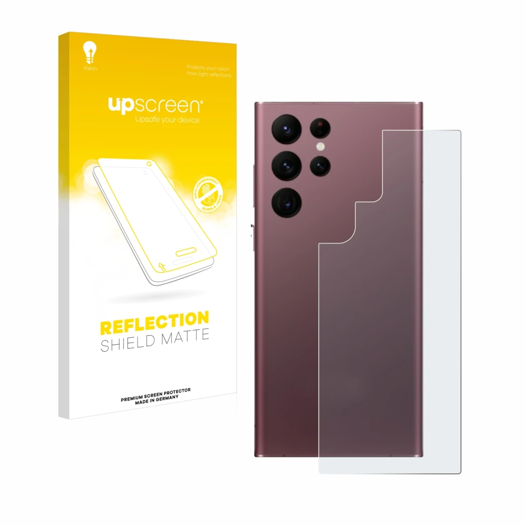 Front side of a product packaging with the brand logo upscreen. Next to it is the device Samsung Galaxy S22 Ultra 5G (Back) sh