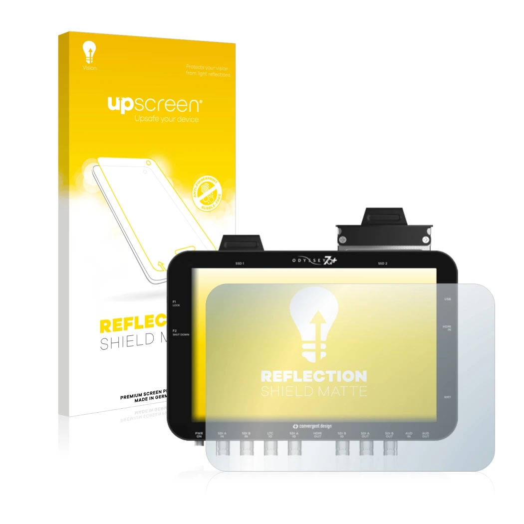 Front side of a product packaging with the brand logo upscreen. Next to it is the device Convergent Design Odyssey 7Q+ shown w