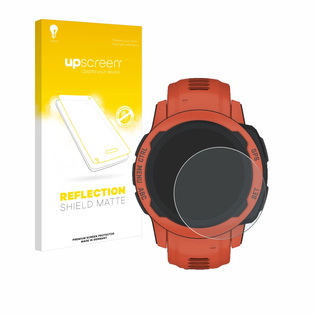 Front side of a product packaging with the brand logo upscreen. Next to it is the device Garmin Instinct 2S shown with the cor