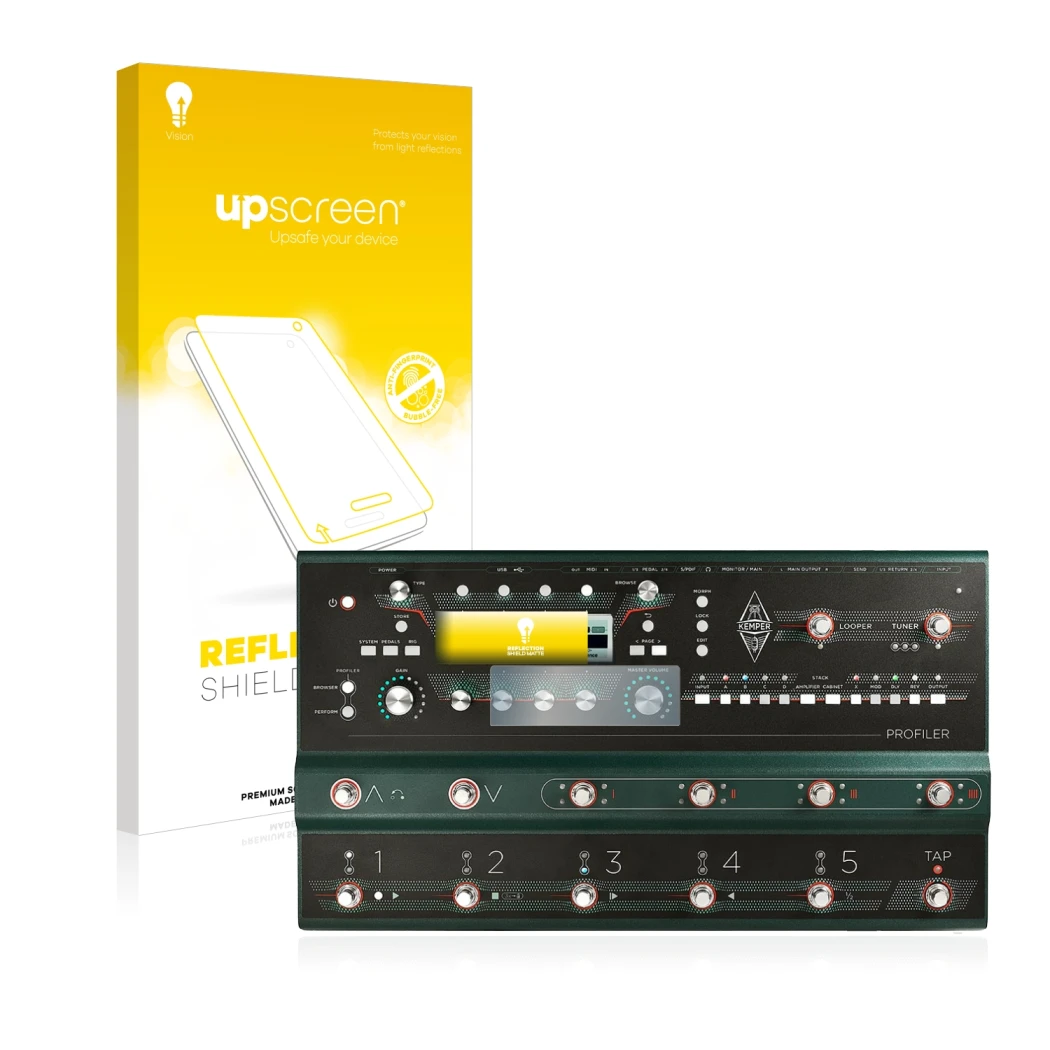 Front side of a product packaging with the brand logo upscreen. Next to it is the device Kemper Profiler Stage shown with the 