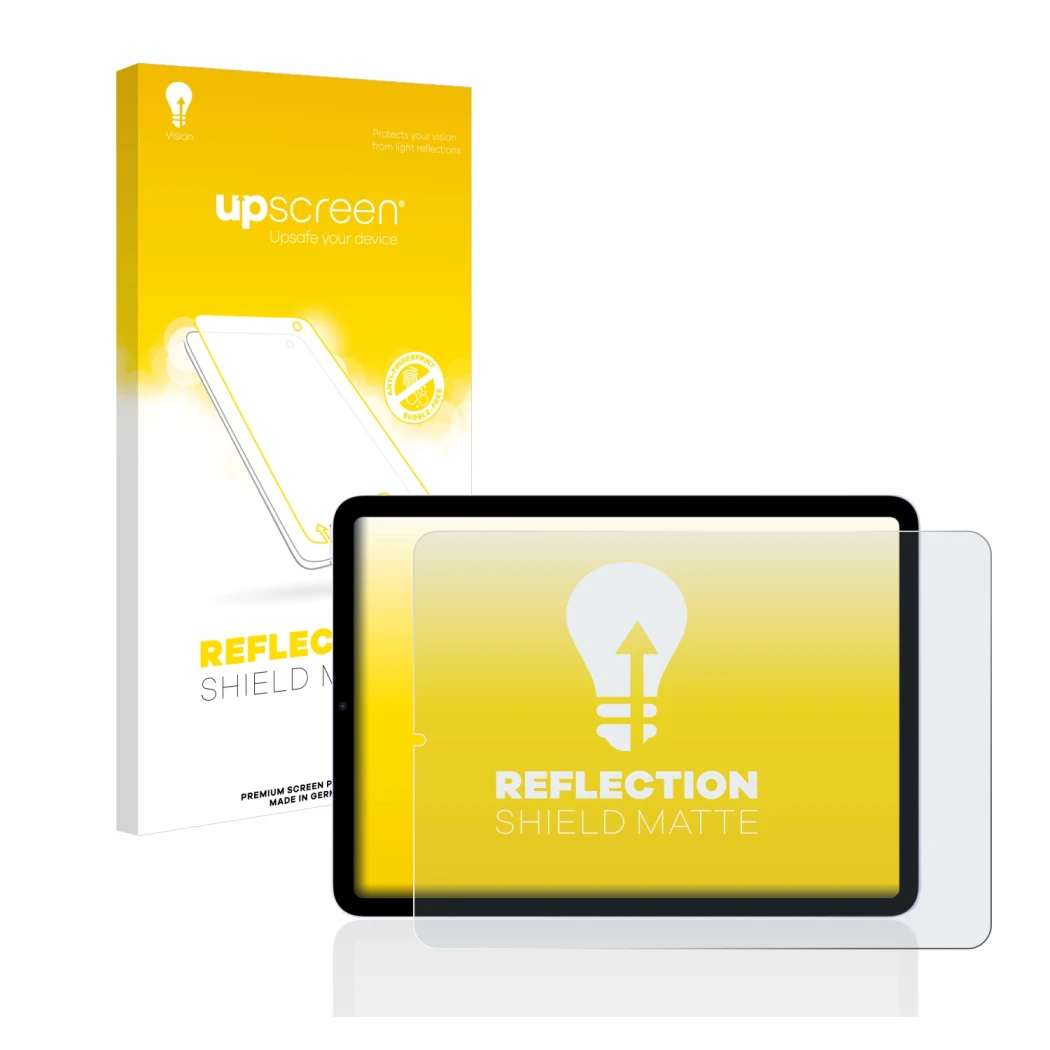 Front side of a product packaging with the brand logo upscreen. Next to it is the device Apple iPad Air 5 2022 (5th. Gen.) sho