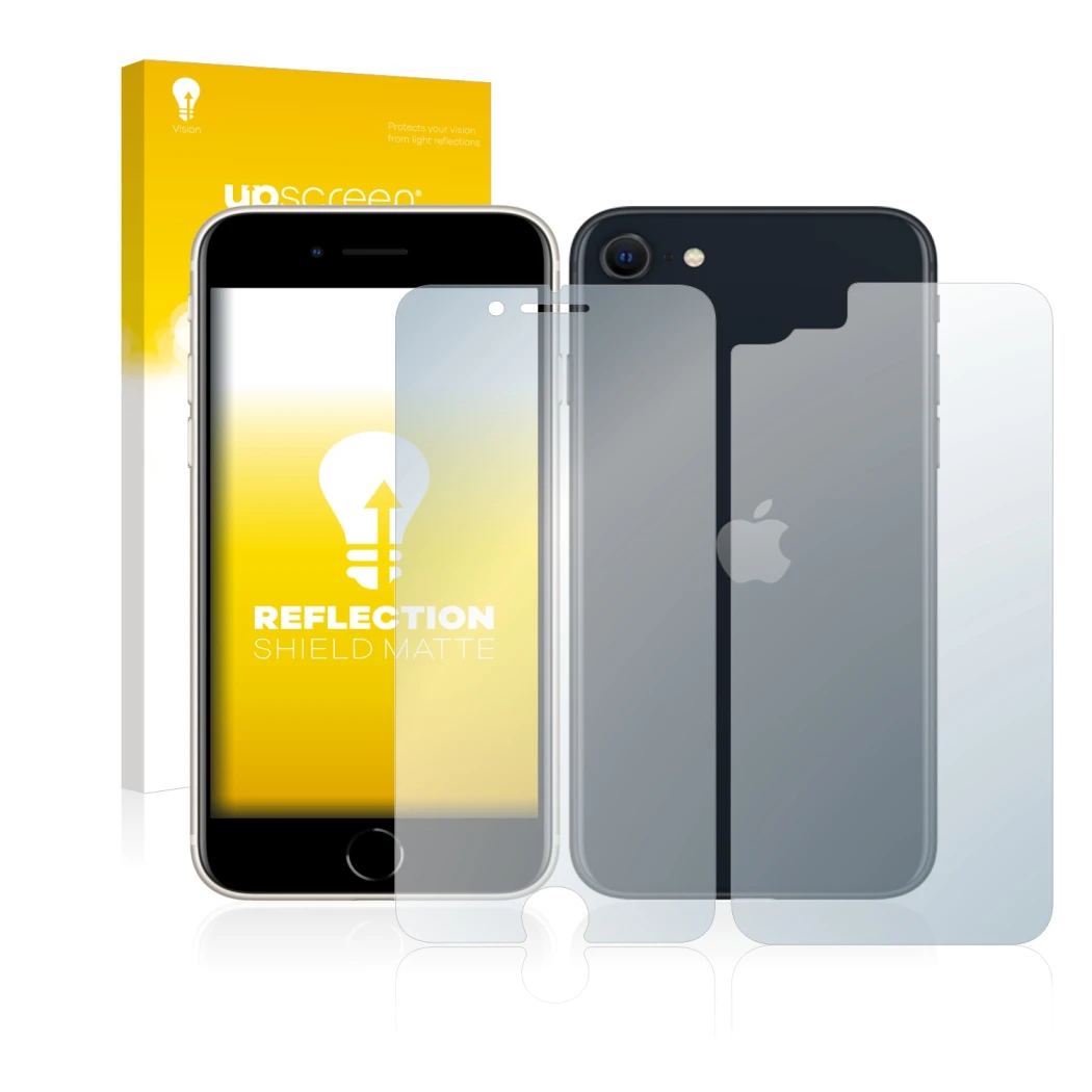 Front side of a product packaging with the brand logo upscreen. Next to it is the device Apple iPhone SE 3 2022 (Front+Back) s