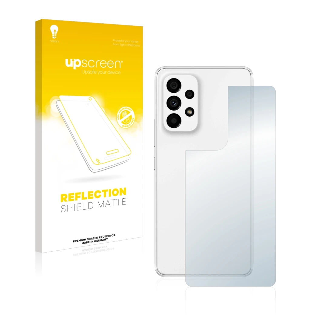 Front side of a product packaging with the brand logo upscreen. Next to it is the device Samsung Galaxy A53 5G (Back) shown wi