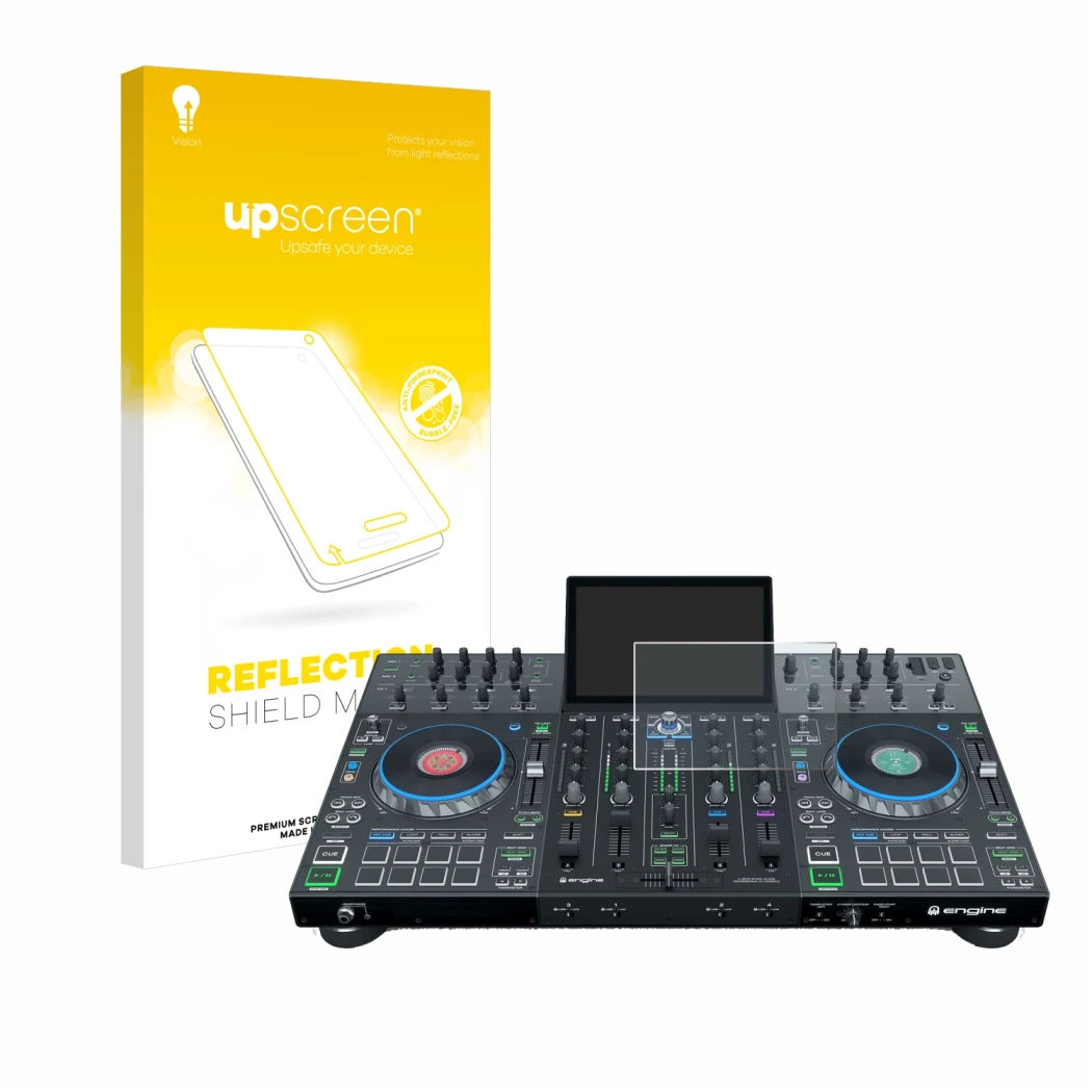 Front side of a product packaging with the brand logo upscreen. Next to it is the device Denon DJ Prime 4 shown with the corre