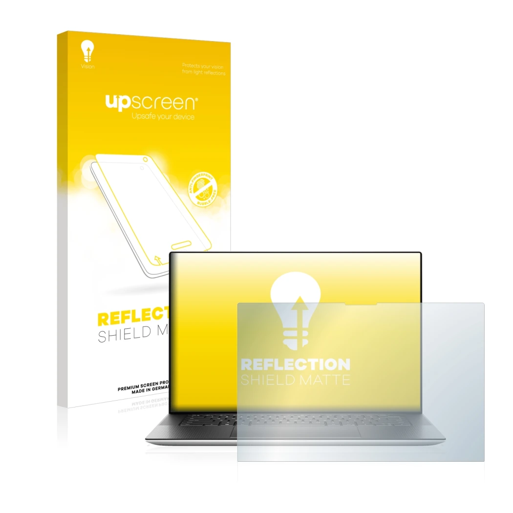 Front side of a product packaging with the brand logo upscreen. Next to it is the device Dell XPS 15 9520 Touch shown with the