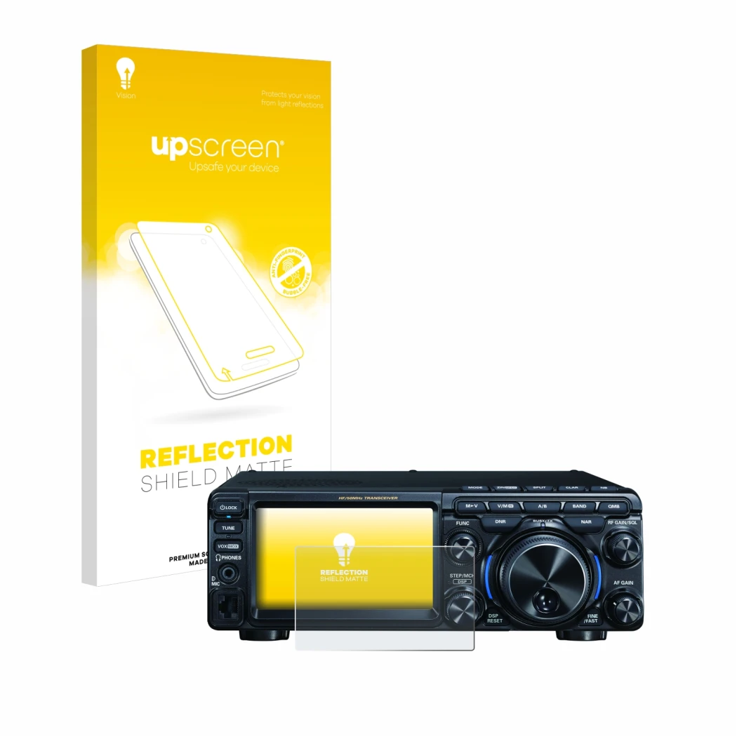 Front side of a product packaging with the brand logo upscreen. Next to it is the device Yaesu FT-710 shown with the correspon