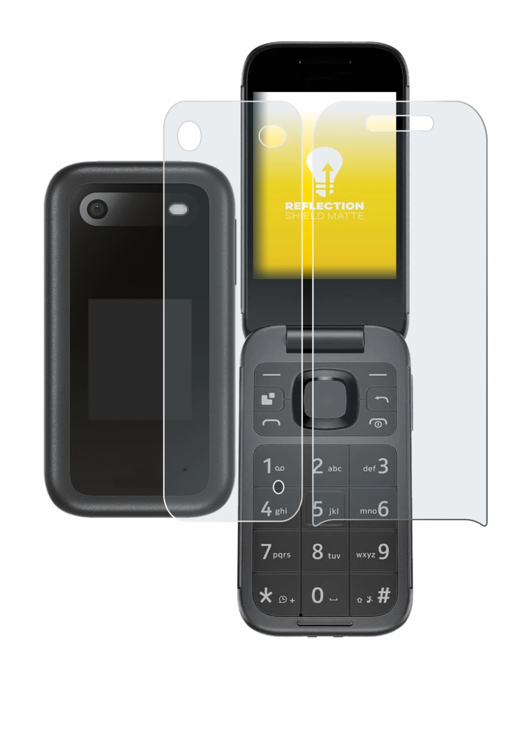 Image of the device Nokia 2660 Flip (Front+Back) with a wide variety of screen protectors.