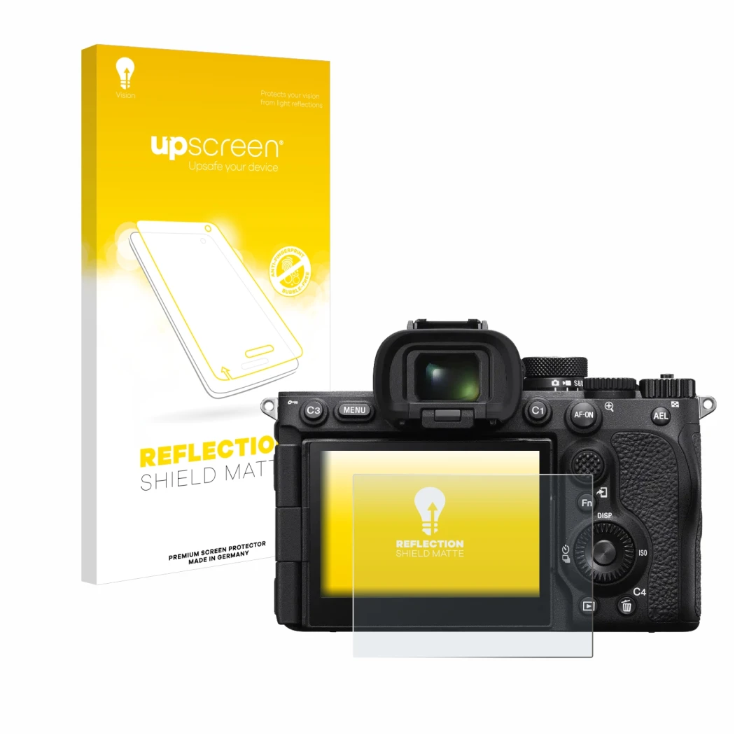 Front side of a product packaging with the brand logo upscreen. Next to it is the device Sony Alpha 7R V / a7R V shown with th