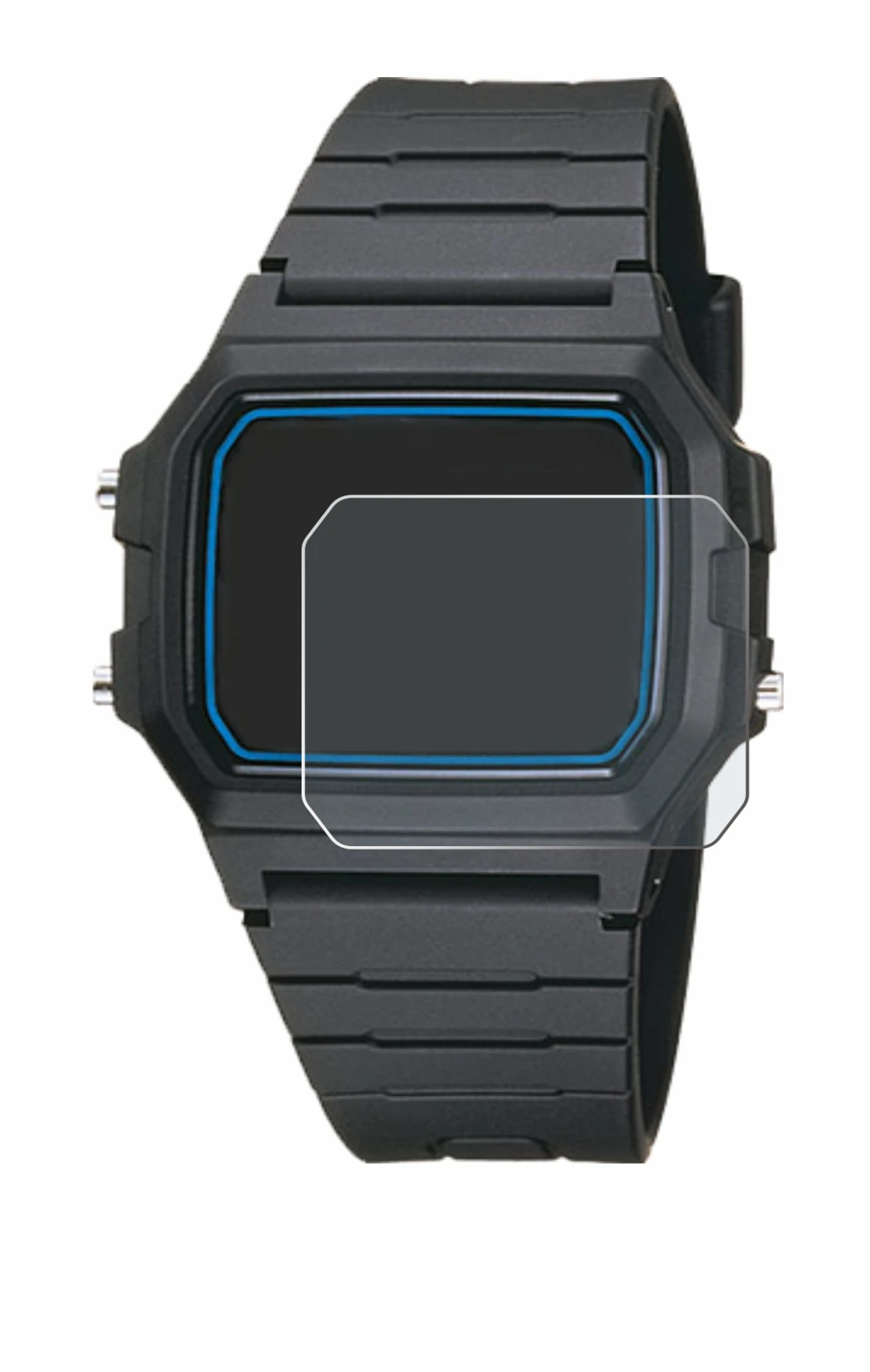Image of the device Casio F-105W-1AWYEF with a wide variety of screen protectors.