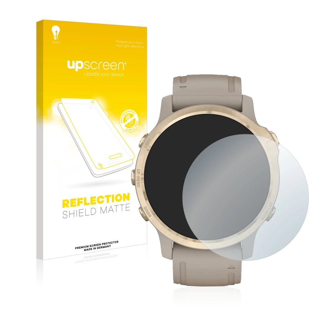 Front side of a product packaging with the brand logo upscreen. Next to it is the device Garmin Fenix 6S Pro Solar shown with