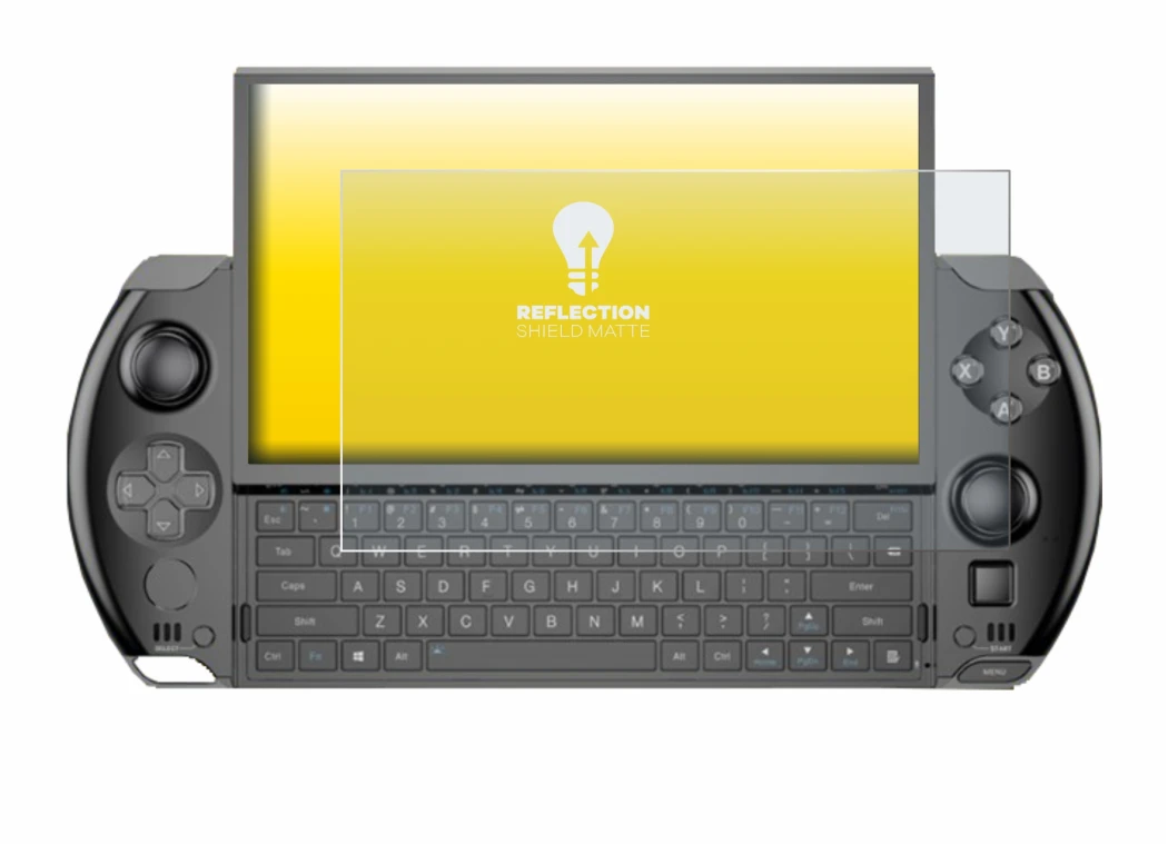 Image of the device GPD Win 4 with a wide variety of screen protectors.