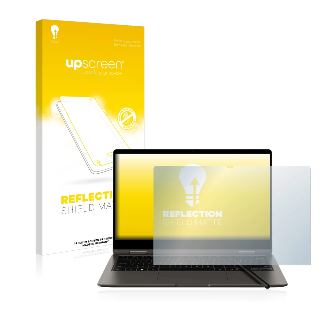 Front side of a product packaging with the brand logo upscreen. Next to it is the device Samsung Galaxy Book3 360 13