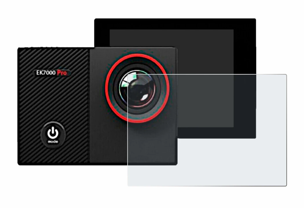 Image of the device Akaso EK7000 Pro with a wide variety of screen protectors.