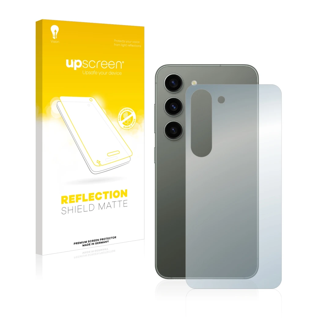 Front side of a product packaging with the brand logo upscreen. Next to it is the device Samsung Galaxy S23 (Back) shown with 