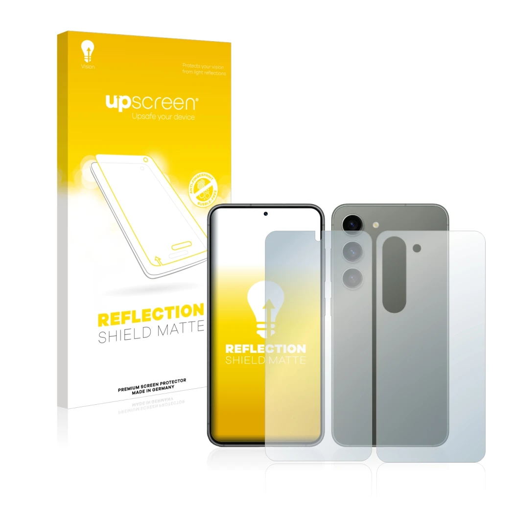 Front side of a product packaging with the brand logo upscreen. Next to it is the device Samsung Galaxy S23 (Front+Back) shown