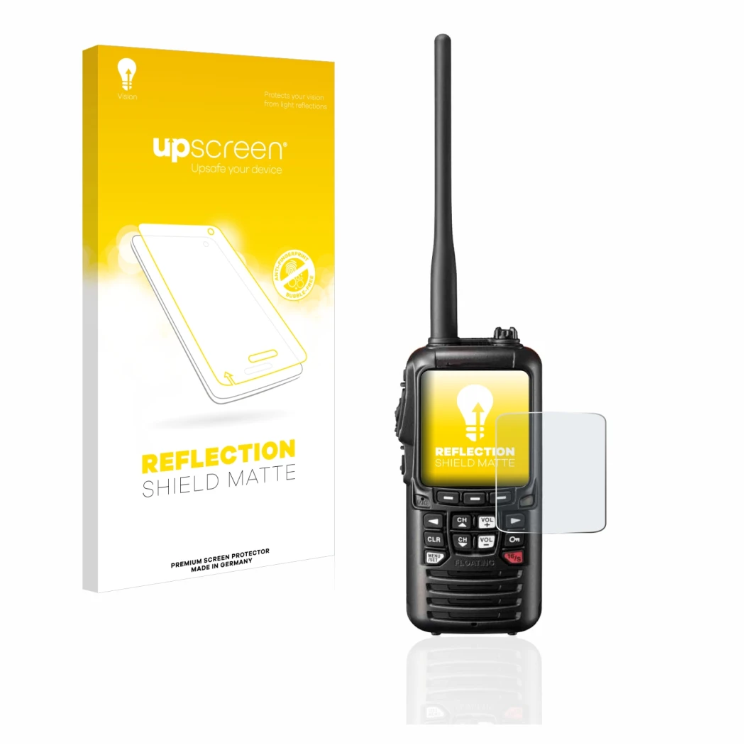 Front side of a product packaging with the brand logo upscreen. Next to it is the device Standard Horizon HX890 shown with the