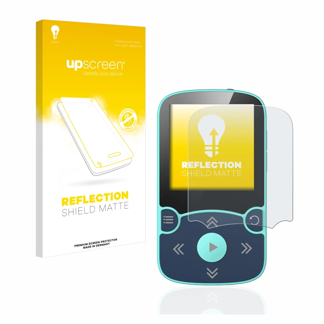 Front side of a product packaging with the brand logo upscreen. Next to it is the device AGPtek A65X MP3 Player with clip show