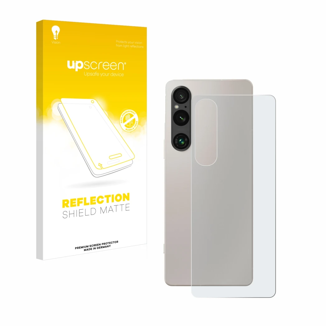 Front side of a product packaging with the brand logo upscreen. Next to it is the device Sony Xperia 1 V (Back) shown with the