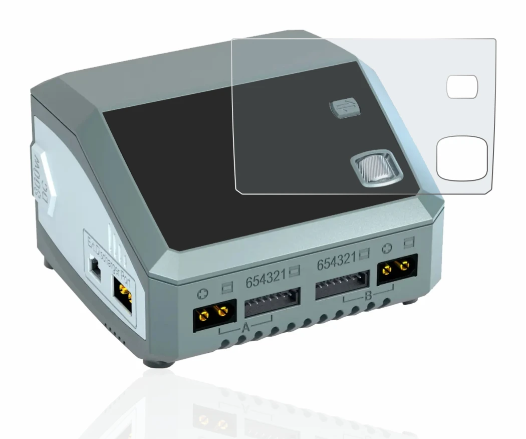 Image of the device SkyRc D200 neo with a wide variety of screen protectors.