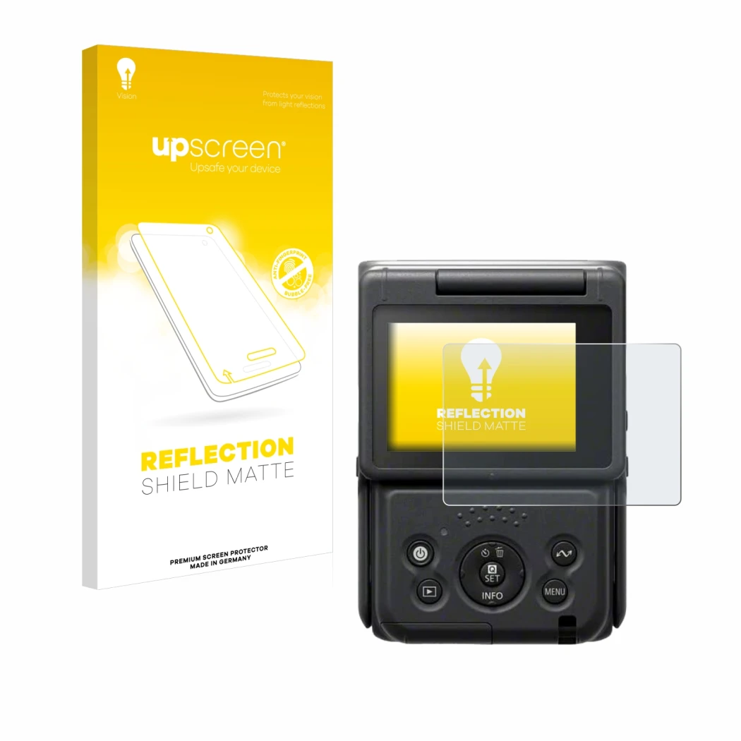 Front side of a product packaging with the brand logo upscreen. Next to it is the device Canon PowerShot V10 Vlog Camera shown