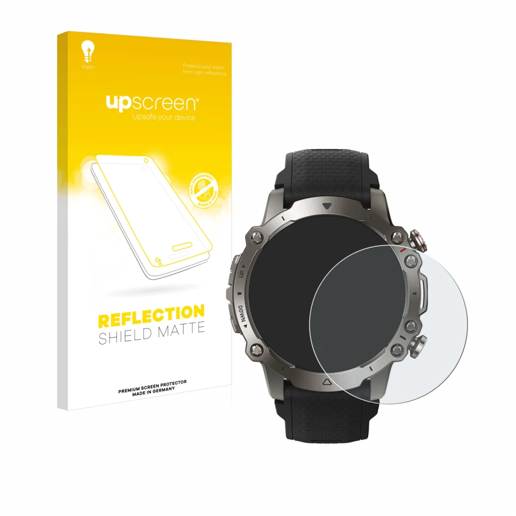 Front side of a product packaging with the brand logo upscreen. Next to it is the device Huami Amazfit Falcon shown with the c